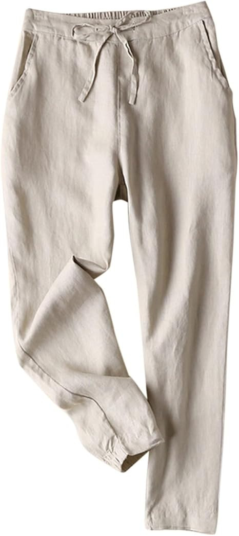 IXIMO Women's Tapered Pants 100% Linen Drawstring Back Elastic Waist Ankle Length Pants | Amazon (US)