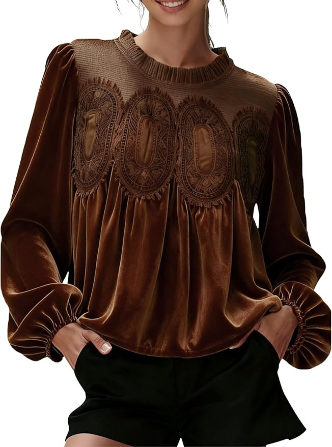 Gozoloma Women's Long Sleeve Velvet Trim Lace Blouse Elegant Flared Swing Top Round Neck Blouse C... | Amazon (US)