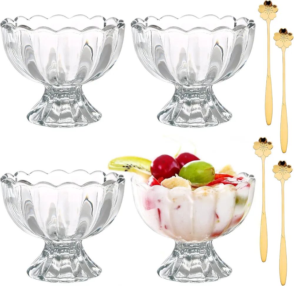Sunximei 4 PCS 5.2oz Dessert Bowls Footed Glass Cups,Small Size,with spoons for Dessert,Yogurt,Ic... | Amazon (US)