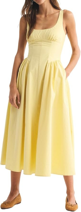 Women's Slim Halter Dress Low U Neck Stretchy Waist Cinched A Line Backless Dresses Long Sundress | Amazon (US)