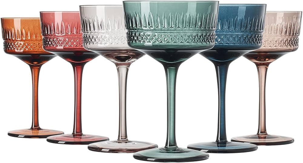 Khen Colored Vintage Art Deco Glasses - Martini, Margarita, Cocktail & Champagne Ribbed Glasses |... | Amazon (US)