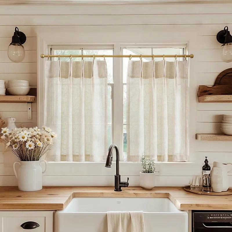 Ebern Designs Linen Pinch Pleated Kitchen Curtains Tier Curtains Light Filtering Small Window Dra... | Wayfair North America