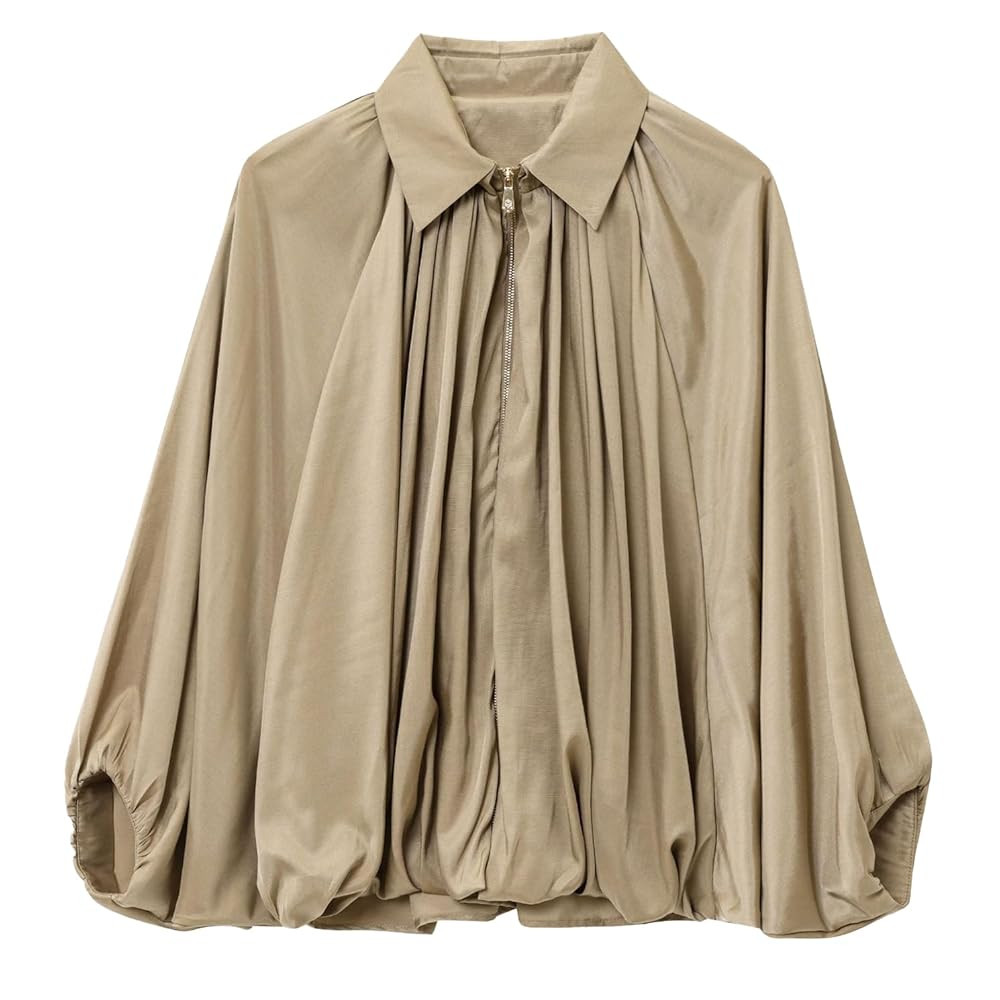 Womens Puffed Bomber Jacket Casual Batwing Sleeve Lapel Collar Zip Shirts Oversized Pleated Stree... | Amazon (US)