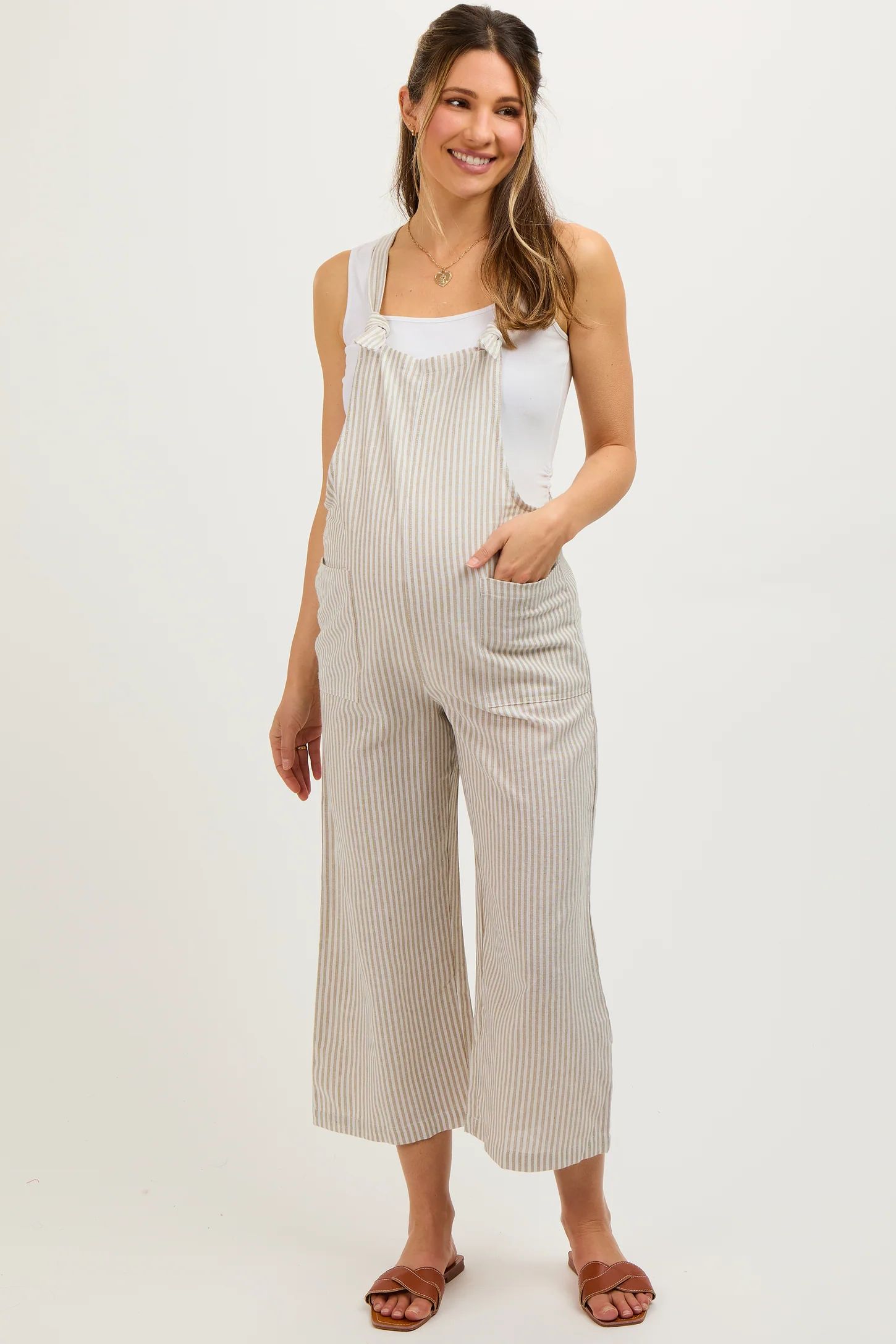 Taupe Striped Linen Maternity Overalls | PinkBlush Maternity