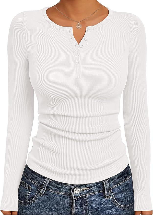 Ekouaer Women's Long Sleeve Henley Shirts Button Ribbed Knit Tops Basic Layering Slim Fit Soft Th... | Amazon (US)