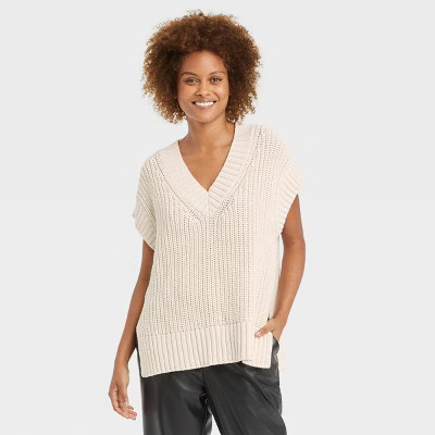 Women's V-Neck Sweater Vest - A New Day™ Cream S | Target