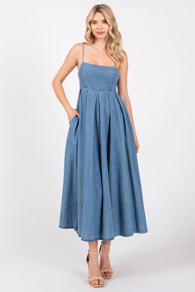 Blue Back Tie Straight Neck Maternity Midi Dress | PinkBlush Maternity