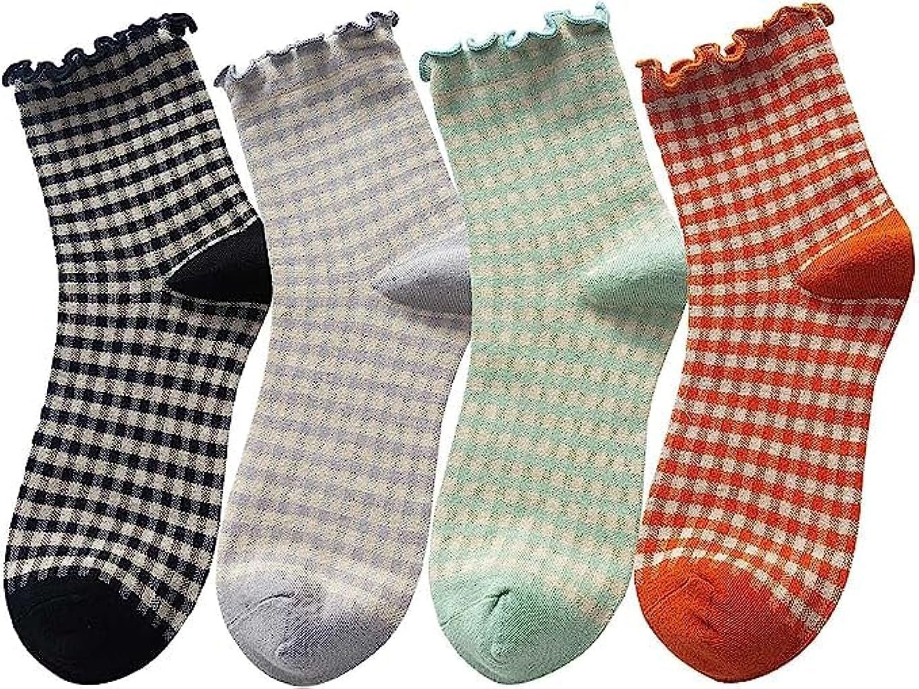 Women's Cute Ruffle Frilly Striped Color Block Cotton Knit Casual Crew Socks 4 Pairs Size 5-9 (Mu... | Amazon (US)