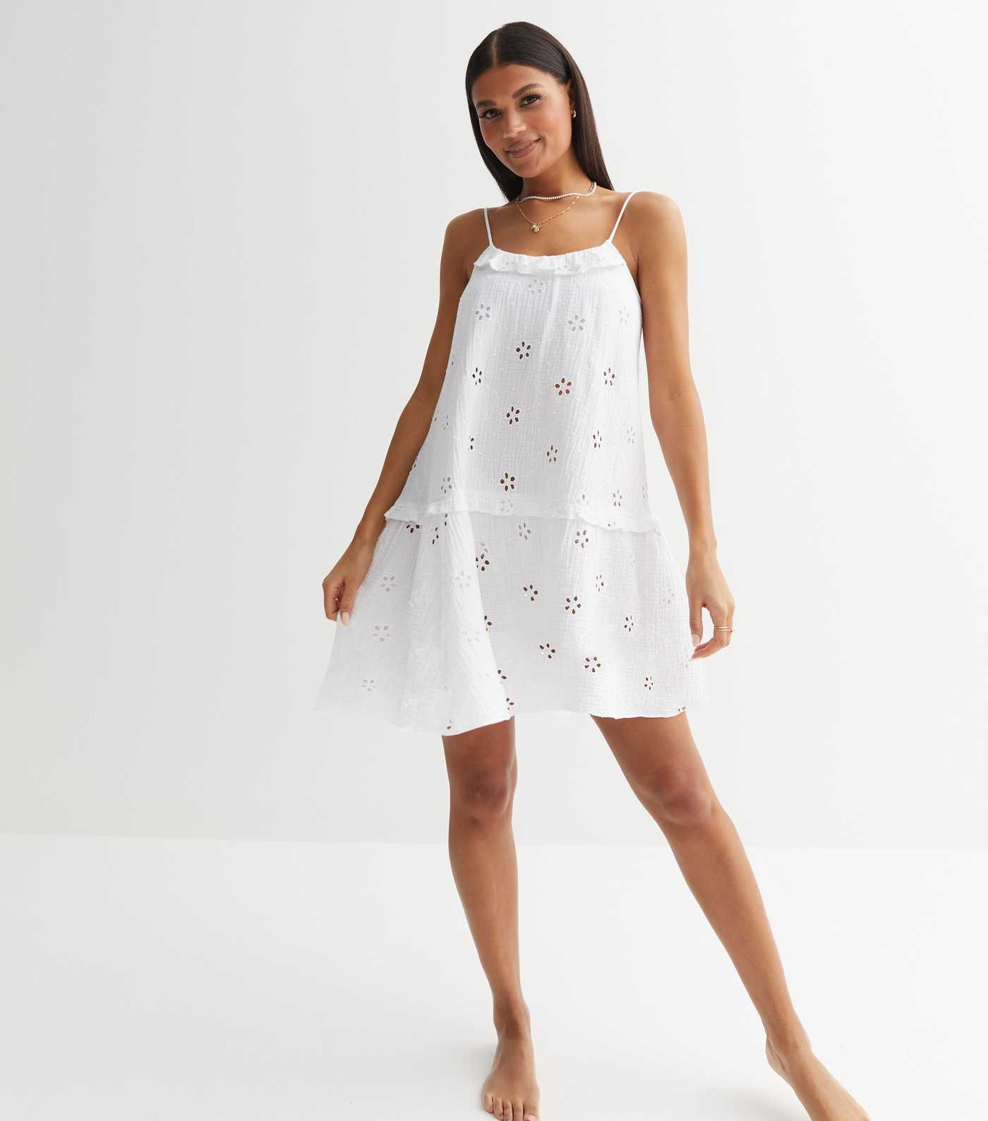 White Floral Broderie Frill Strappy Mini Beach Dress
						
						Add to Saved Items
						Remove... | New Look (UK)