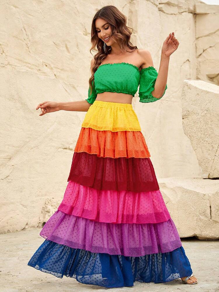 Off Shoulder Crop Top & Colorblock Layered Hem Skirt | SHEIN