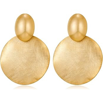 FAMARINE Big Disc Drop Earrings Gold Dangle Earrings Round Hammered Earrings Women | Amazon (US)
