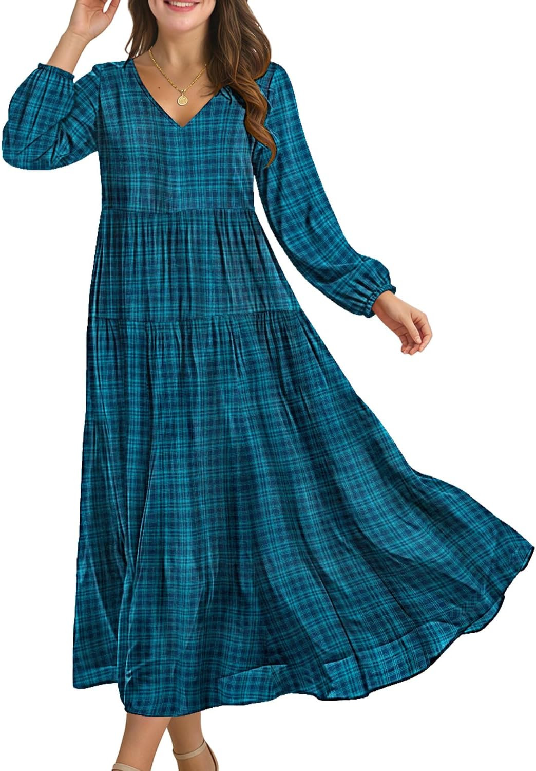 YESNO Women Fall Casual Maxi Dresses Long Lantern Sleeve EVFP2 | Amazon (US)