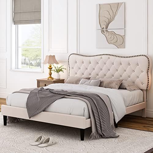 Amazon.com: HOSTACK Queen Size Bed Frame, Linen Fabric Upholstered Platform Bed Frame with Adjust... | Amazon (US)