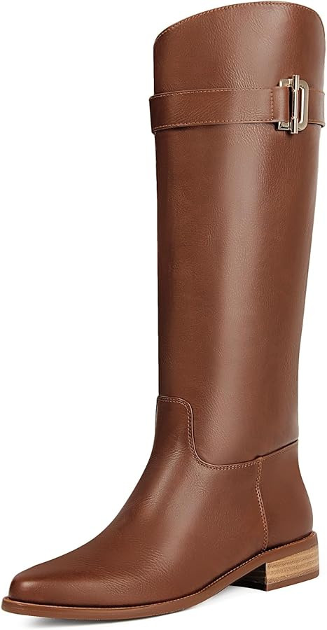 Ouepiano Women's Knee High Boots Slip On Round Toe Riding Boots Side Zipper Metal Buckle Fashion ... | Amazon (US)