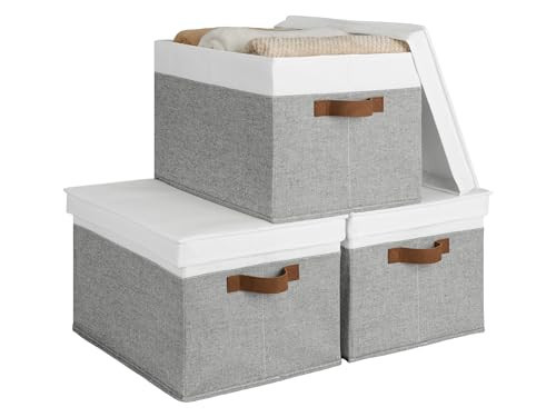 StorageWorks Storage Bins with Lids, Decorative Storage Boxes with Lid and PU Handles, Foldable Storage Baskets for Closet, Shelves, Stackable, Gray and White, Jumbo, 3-Pack | Amazon (US)