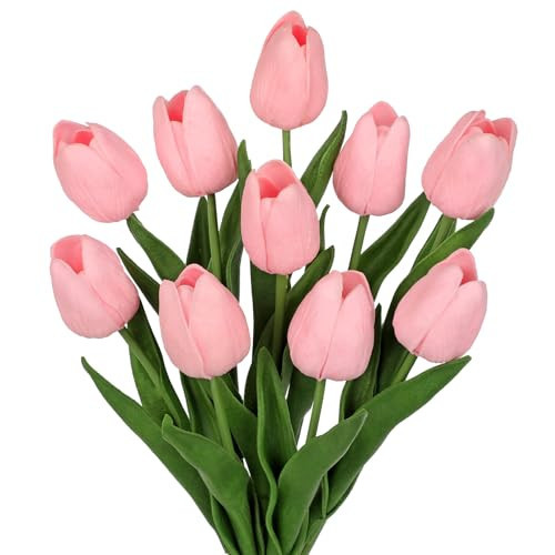 10 Pcs Pink Artificial Tulips - Real Touch Faux Flowers, 13.5" - Bulk for Vase, Centerpieces, Home, Wedding, Mother's Day Bouquet | Amazon (US)