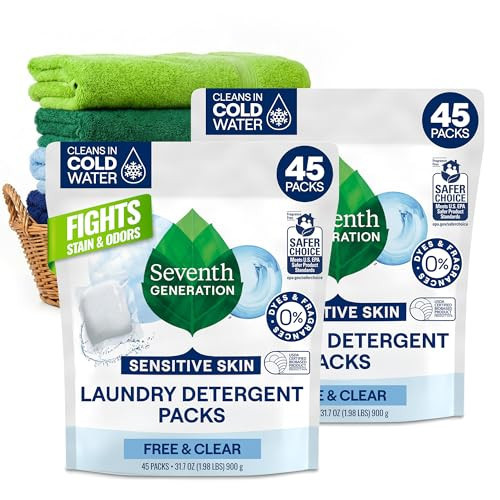 Seventh Generation Laundry Detergent Packs, Free & Clear, 90 Loads (2 pouches, 45 Ct EA) | Amazon (US)