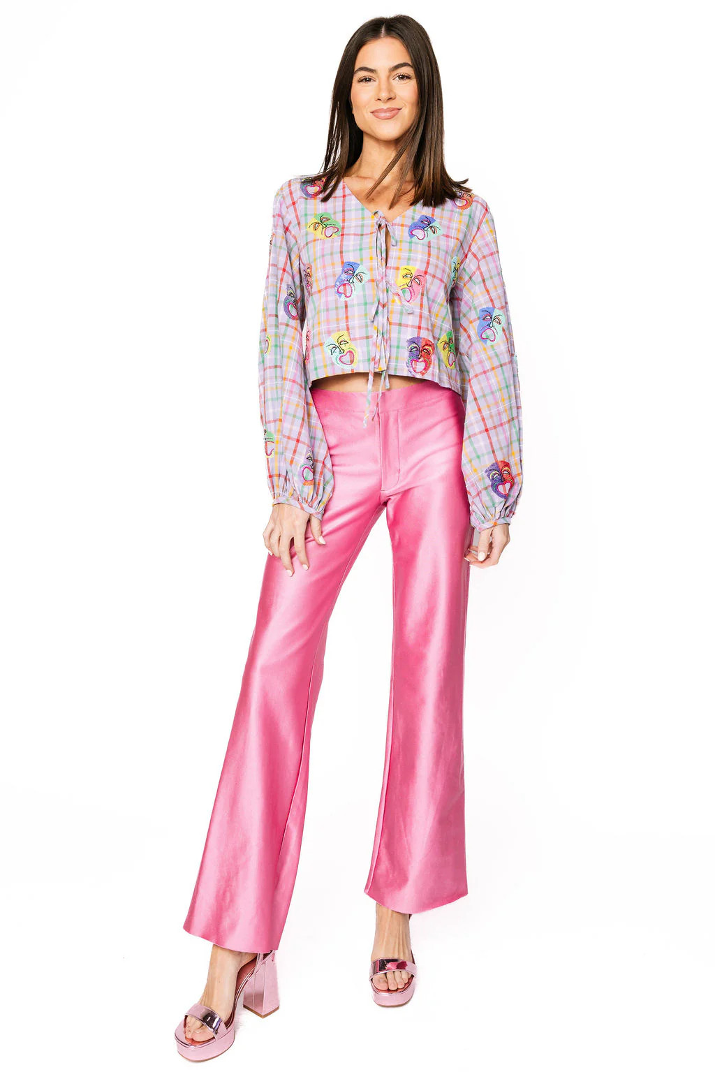 Lavender Plaid Multi Mardi Gras Mask Tie Cotton Top | Queen of Sparkles