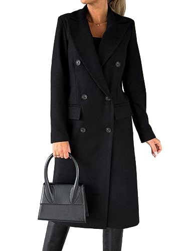 IDEALSANXUN Black Trench Coats for Women Fall Fashion Outfits 2025 Midi Length Double Breasted Wool Coat Peacoat Warm Jacket Ladies Winter Coats, Black, S | Amazon (US)
