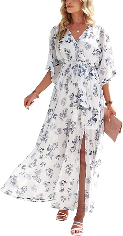 ANRABESS Women’s Summer Loose Kimono Maxi Dress Wrap V Neck 3/4 Sleeve Floral Print Slit Long Dresse | Amazon (US)