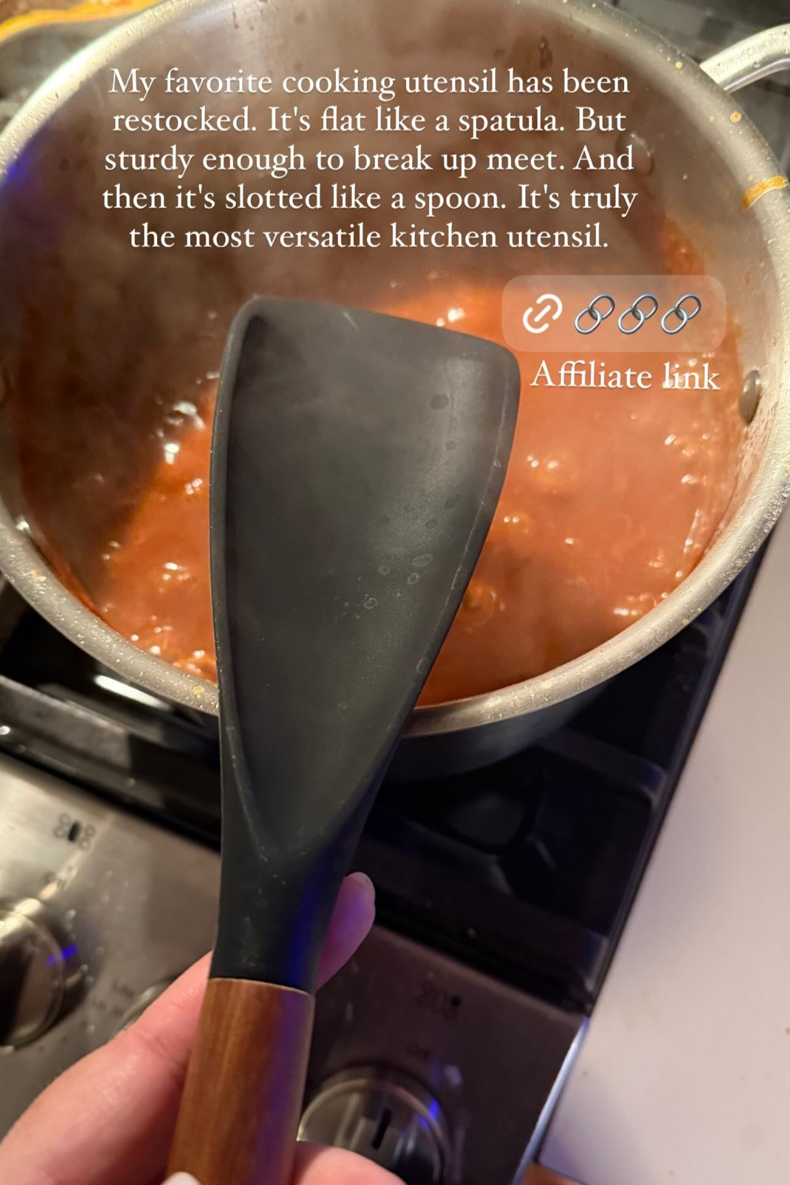 My favorite cooking utensil has been restocked. It's flat like a spatula. But sturdy enough to break up meet. And then it's slotted like a spoon. It's truly the most versatile kitchen utensil.  Affiliate link