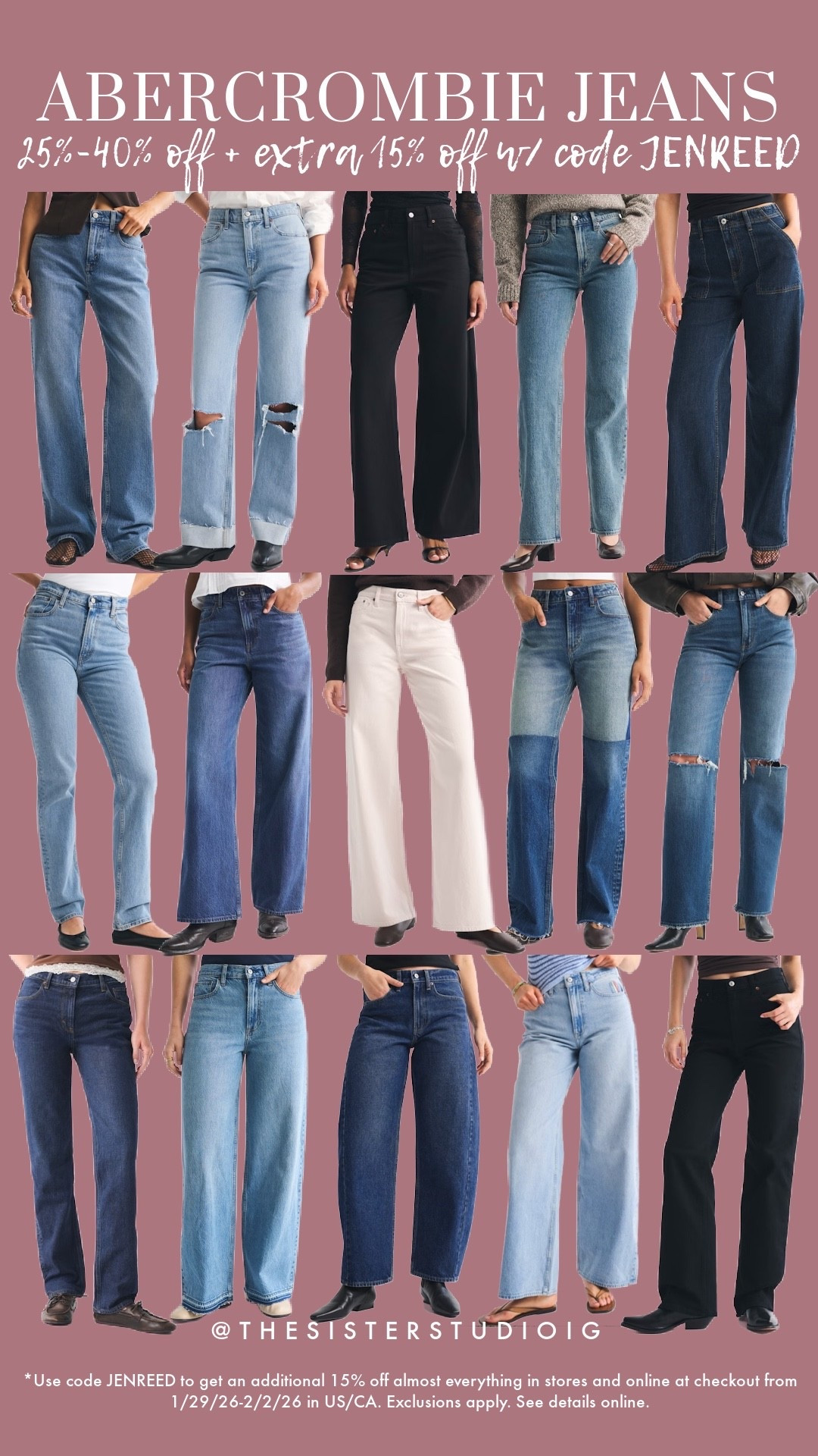 Abercrombie sale! 25% - 40% off all jeans + an extra 15% off with code JENREED

*Use code JENREED to get an additional 15% off almost everything in stores and online at checkout from 1/29/26-2/2/26 in US/CA. Exclusions apply. See details online.

#LTKSaleAlert