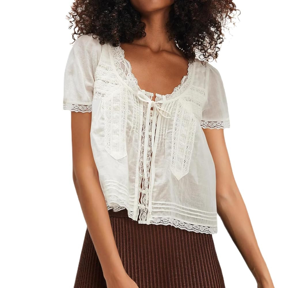Women Tie Front Lace Trim Top Sheer Short Sleeve Scoop Neck Button Shirt Y2k Ruffle Flowy Boho Cr... | Amazon (CA)