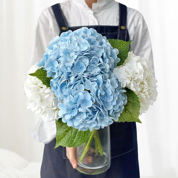 4Pcs Real Touch Large Silk Fake Hydrangeas Artificial Flowers,Light Blue/White Fall Lifelike Faux... | Amazon (US)