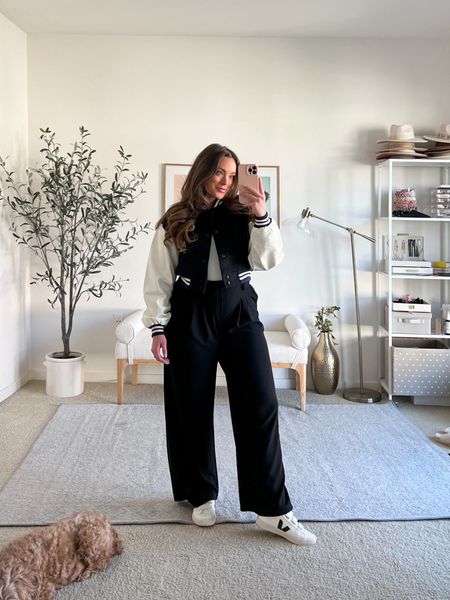 I love styling trousers in a super casual way💗 

Wearing a medium regular length in these trousers. Super super comfy pants,
I’m 5’5” I would reorder for the long length fyi!

Varsity jacket size M, this is the coolest jacket- love it!


#LTKstyletip #LTKmidsize
