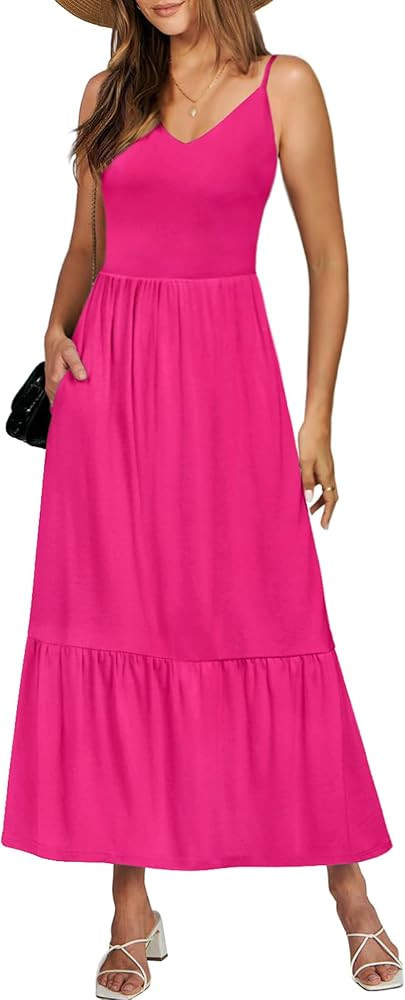 Kranda Women Summer Sleeveless Casual Long Maxi Vacation Beach Dresses V Neck Smocked Flowy Tiere... | Amazon (US)