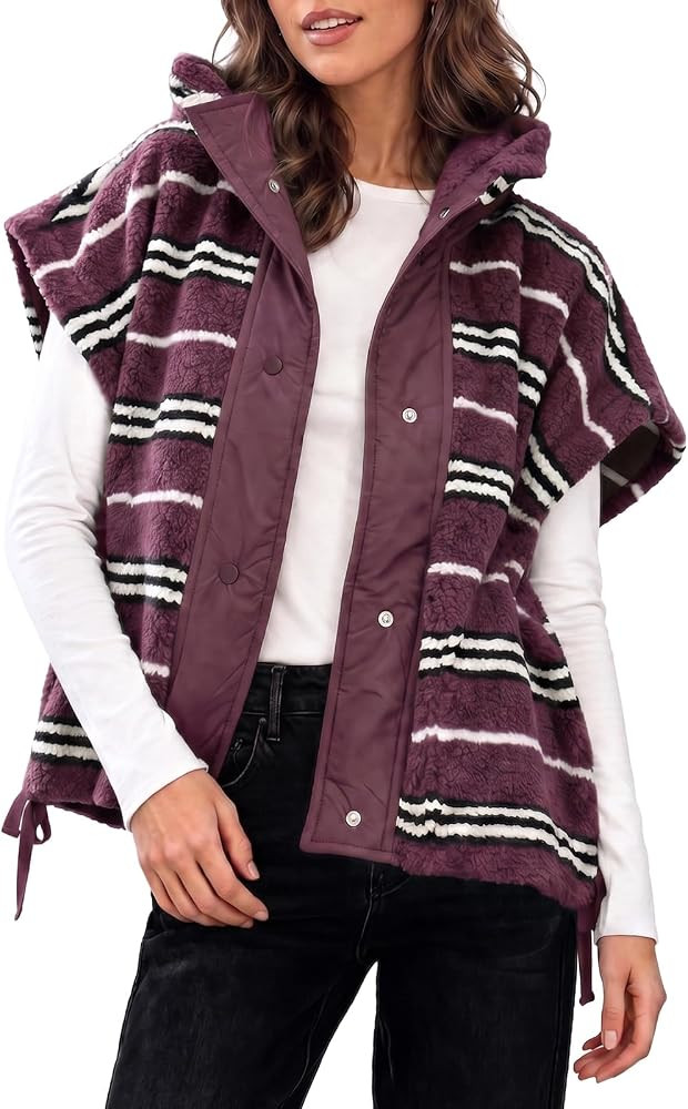 Fisoew Womens Fuzzy Fleece Vest Casual Striped Sleeveless Sherpa Jackets | Amazon (US)
