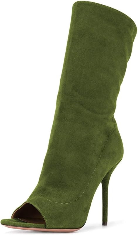 FSJ Women Peep Toe Stiletto High Heel Mid Calf Boots Stretchy Pull On Suede Casual Booties Size 4... | Amazon (US)
