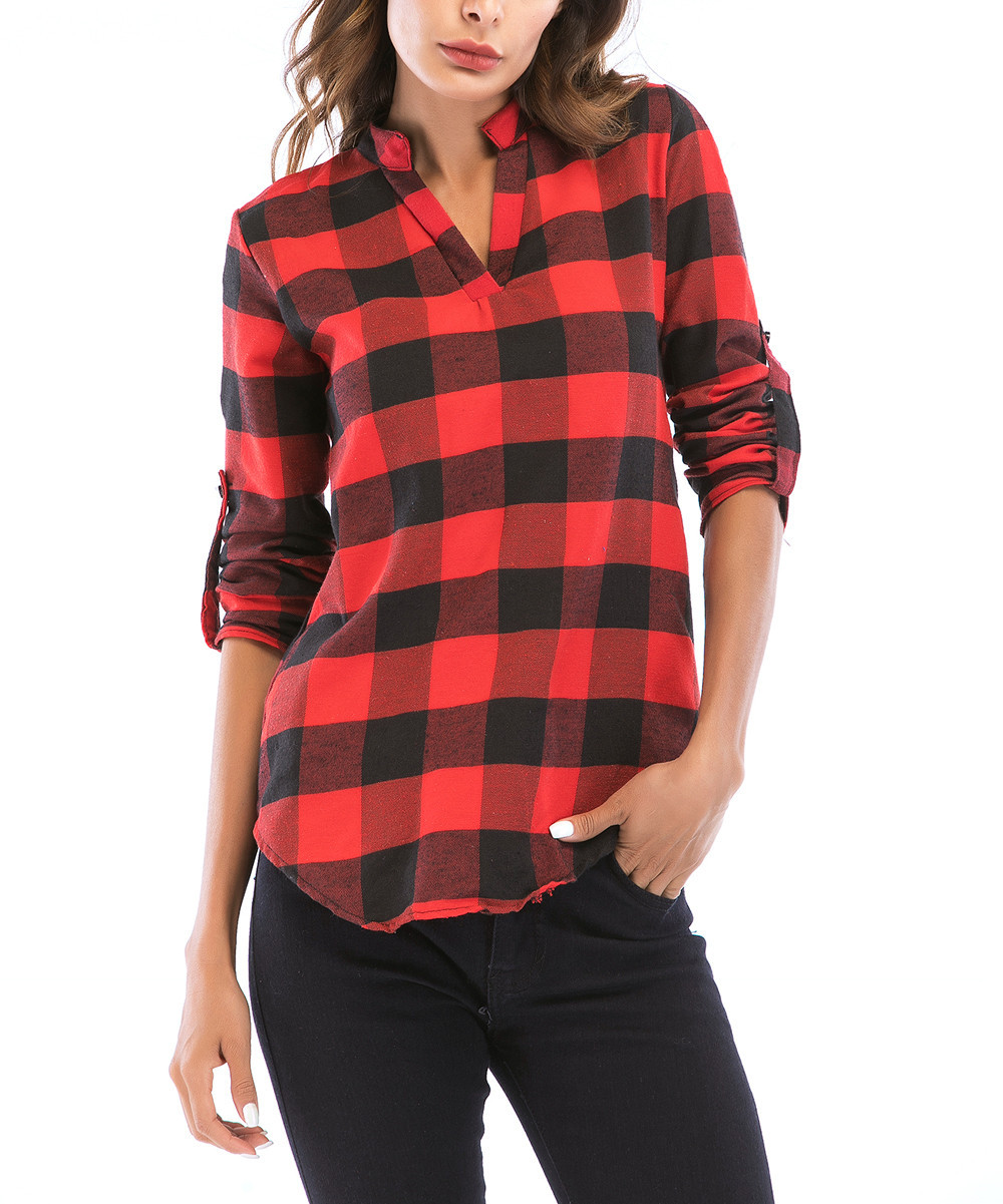 Maison Mascallier Women's Button Down Shirts Red&Black - Red & Black Plaid Curved-Hem Long-Sleeve No | Zulily