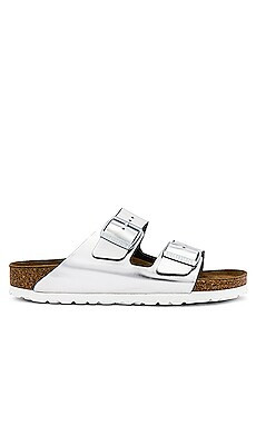 BIRKENSTOCK Arizona Soft Footbed Sandal in Metallic Silver from Revolve.com | Revolve Clothing (Global)