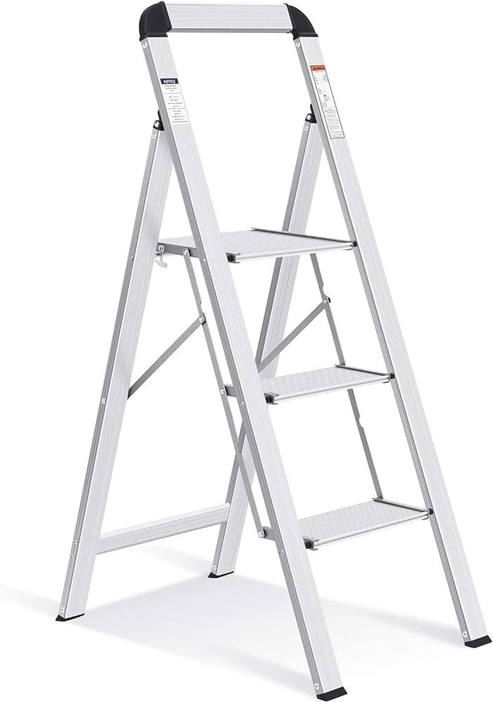 TOOLF 3 Step Ladder, Aluminum Lightweight Folding Step Stool with Utility Handle,3 Anti-Slip Step... | Amazon (US)