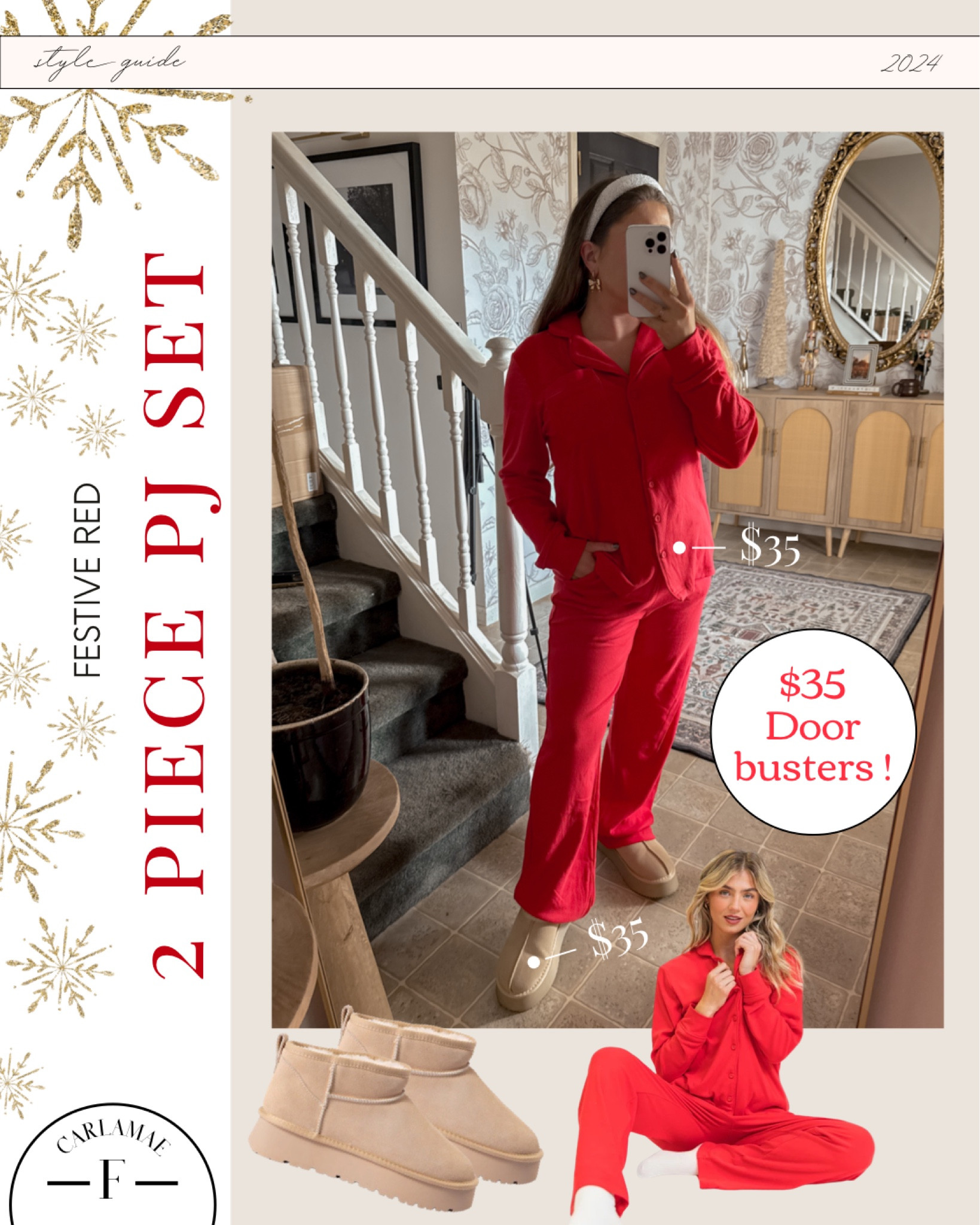 DOORBUSTERS!!! $35 two piece red pajamas set and tan platform slippers! A great look a like :) 

Pink Lily, pink lily style, pj set, Christmas pjs, Christmas pajamas, boutique style, festive wear, holiday style, sale alert 

#LTKGiftGuide #LTKHoliday #LTKSaleAlert
