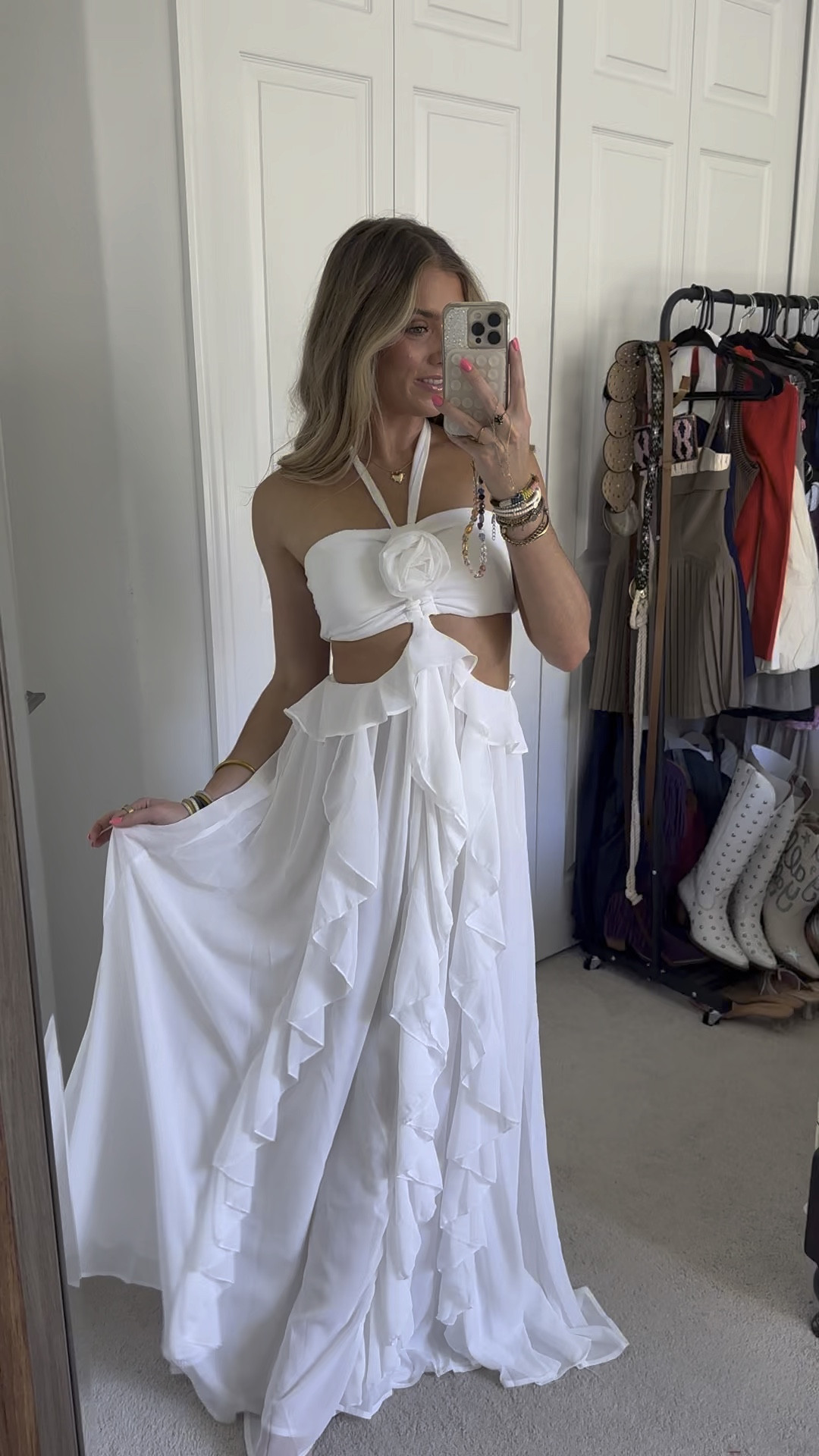 Size L in stock.  Size S and M are being re-stocked - October. Email us at hi@shop-confete.com to pre-order.

The Chateau Cutout White Ruffle Maxi Dress is the ultimate in bridal fashion. This is one of our top picks for achieving the perfect bridal style for your rehearsal dinner or honeymoon.  Complete with cascading white ruffles, halter top neckline and a decorative 3D rose detail, this floor sweeping dress is a fun and flirty take on the little white dress.  Smocked back with a wraparound cutout.  You can also convert the halter neckline to a bow tie and make this dress strapless.  

#LTKFindsUnder100 #LTKWedding #LTKParties