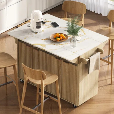 55.5-Inch Kitchen Island With Double-Sided Folding Leaf Design, Portable Charging Station, And Casters—Featuring Storage Space, Spice Rack, And Towel | Wayfair North America