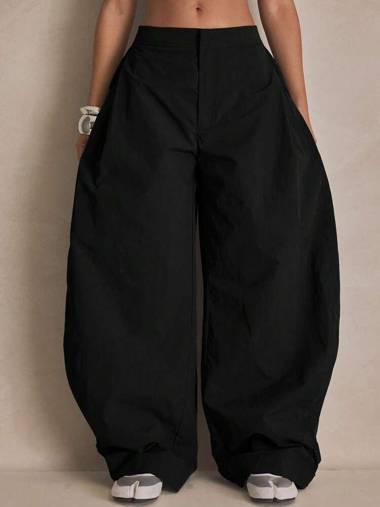 MUSERA Nylon Balloon Leg Button Hem Pleat Trousers Summer, Sporty, Casual, Day, Streetstyle, Stre... | SHEIN
