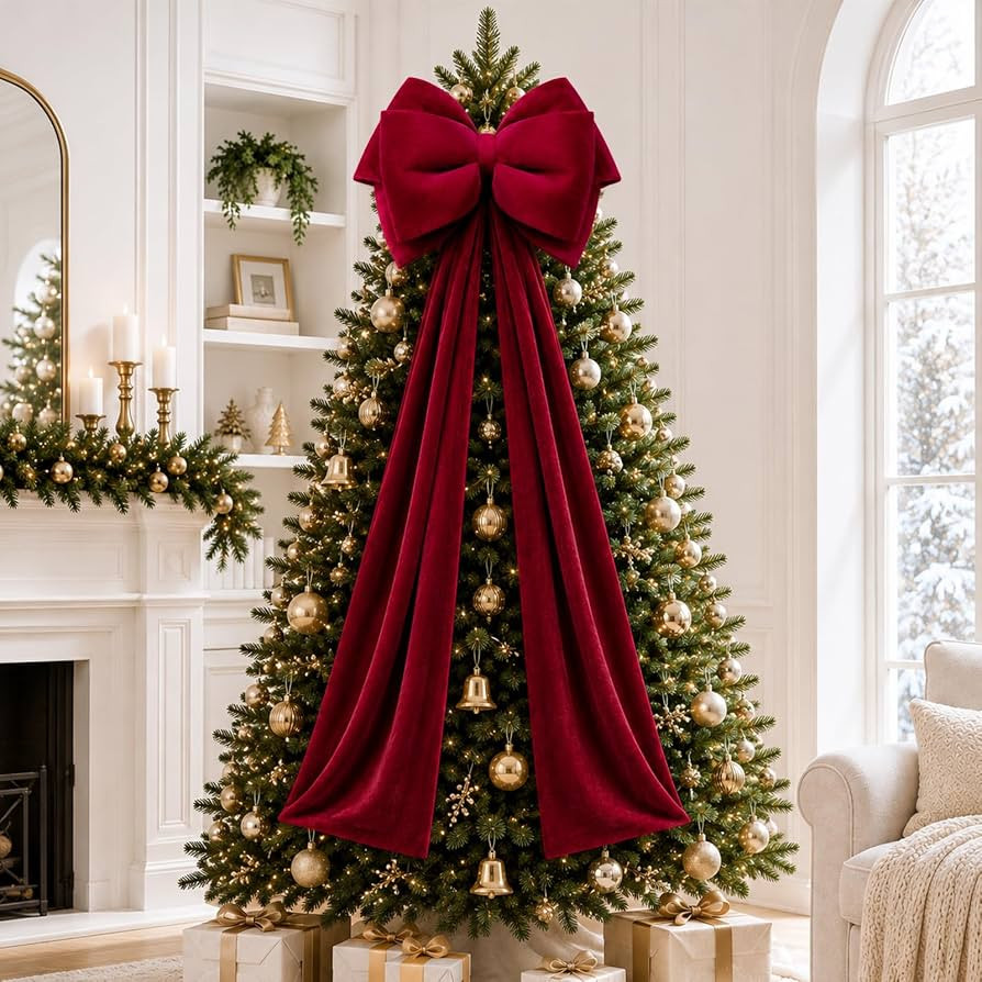19.6 X 59 in Christmas Burgundy Velvet Large Bow with Six Eared Tree Topper | Amazon (US)
