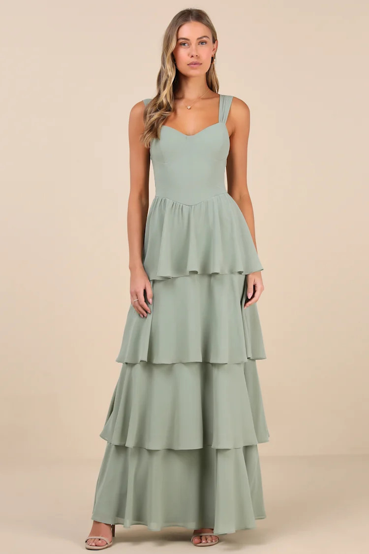 Carlynda Sage Brush Tiered Bustier Maxi Dress | Lulus