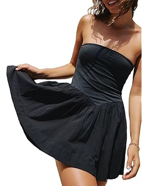 Summer Solid Strapless Mini Dress for Women Tube Top Dresses Patchwork Pleated Drop Waist Flared ... | Amazon (US)