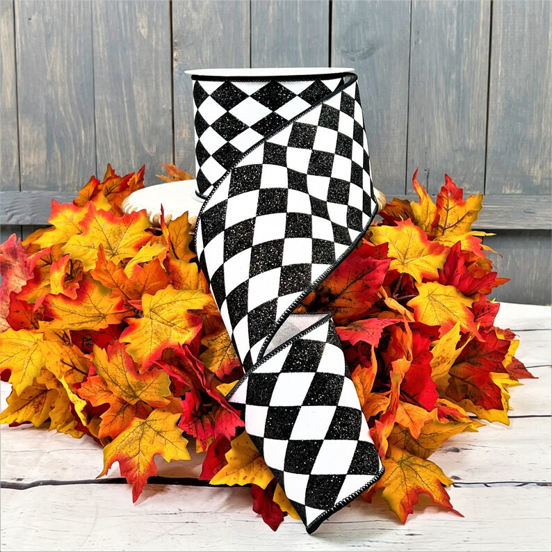 Harlequin Ribbon, Farrisilk Ribbon, Glitter Jester Diamond Ribbon, Black and White Ribbon, Glitte... | Etsy (US)