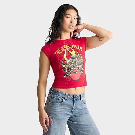 Ed Hardy Women's Leopard Panther Cap Sleeve Baby T-Shirt in Cherry Size: Small | Finish Line (US)