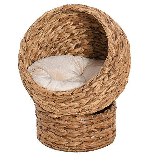 PawHut 20" Natural Braided Banana Leaf Elevated Cat Bed Basket with Cushion | Amazon (US)