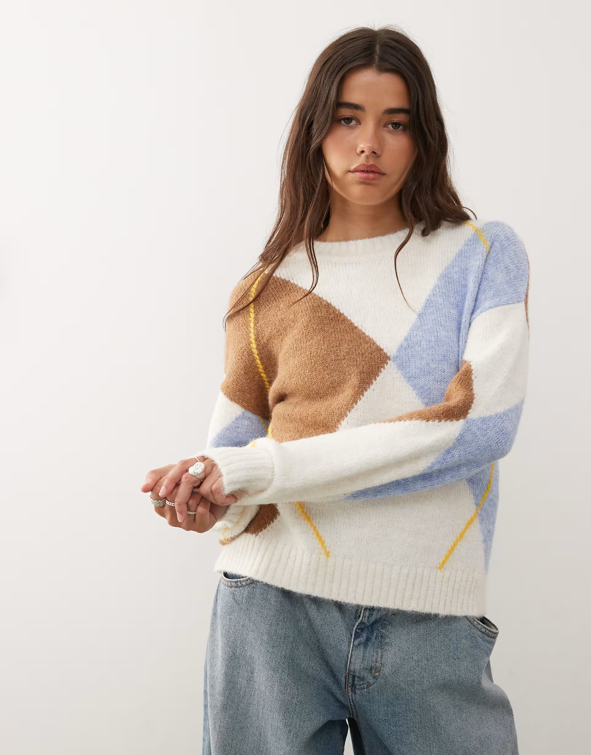 Noisy May argyle sweater in beige plaid | ASOS (Global)