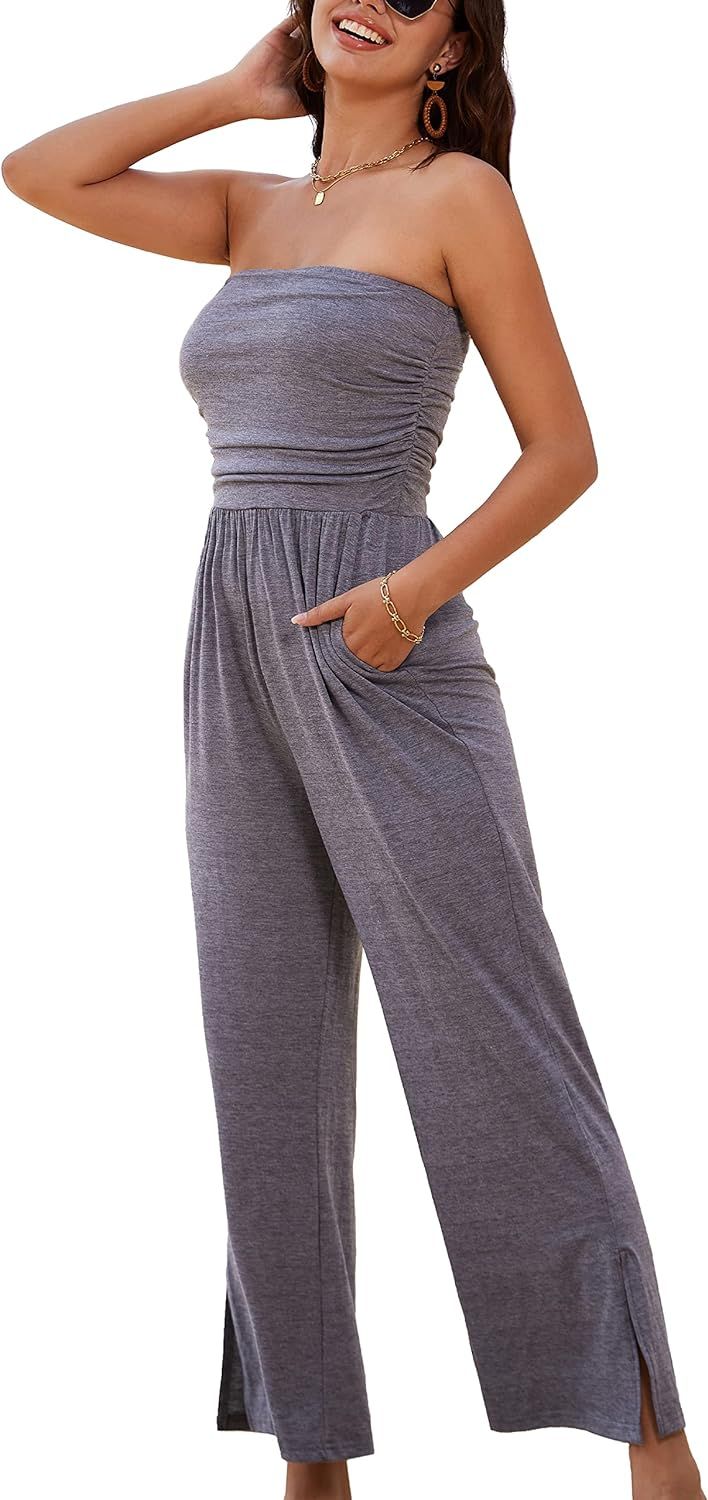 GRACE KARIN Women's Summer Casual Strapless Wide Leg Jumpsuits with Pockets | Amazon (US)