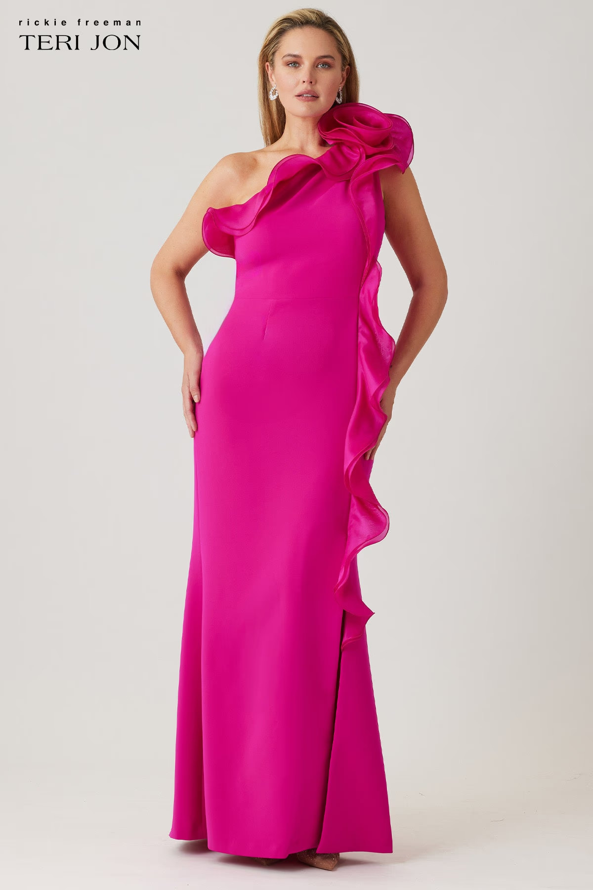 Crepe Column Gown With Organza | TERI JON