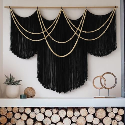 Macrame Wall Hanging Black Yarn Tapestry Boho Fiber Art Decor 57"W*43"L | Amazon (US)