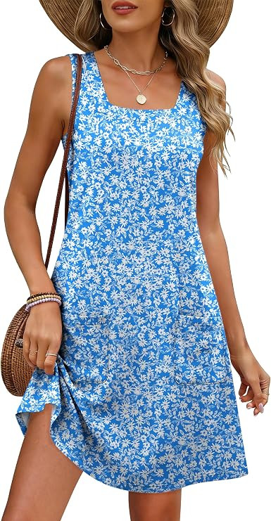 ANRABESS Womens Summer Tank Dress Square Neck Sleeveless Mini Sundress with Pocket 2026 Casual Fl... | Amazon (US)